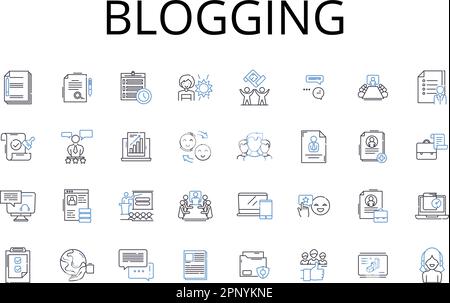 Sammlung von Symbolen für die Blogging-Zeile. Vlogging, Sozialisieren, Podcasting, Artikel schreiben, Inhaltserstellung, Journaling, Online-Schreibvektor und linear Stock Vektor