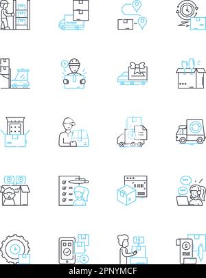 Lineare Symbole für Speichereinrichtung eingestellt. Schließfächer, Lager, Einheiten, Depot, Safes, Organizer, Dachlinienvektor und Konzeptschilder. Tresor, Container, Truhen Stock Vektor