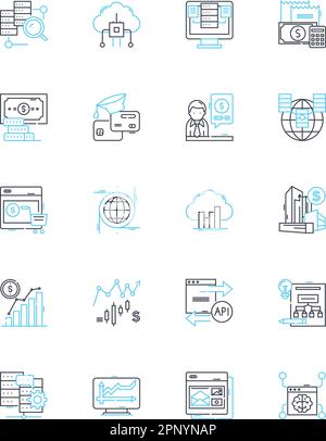 Lineare Symbole für Markttrends. Konsumerismus, Innovation, Globalisierung, Digitalisierung, Nachhaltigkeit, Personalisierung, Urbanisierung Linienvektor und Stock Vektor