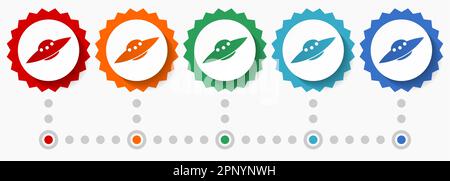 UFO, Alien-Raumschiff-Symbolset, farbenfrohe Infografik-Vorlage, Satz flacher Badge-Symbole in 5 Farboptionen Stock Vektor