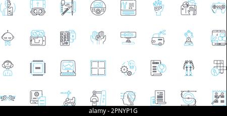 Lineare Symbole für digitale Fertigung festgelegt. Additive Fertigung, Robotik, Laserschneiden, D-Scanning, Materialwissenschaft, Rapid Prototyping, CNC-Linie Stock Vektor