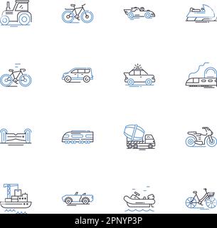 Symbolsammlung für Pendlerlinien. Verkehr, U-Bahn, Fahrgemeinschaft, Zug, Fahrrad, Rush Hour, Busvektor und lineare Darstellung. Metro, Gridlock, Pendelverkehr Stock Vektor