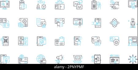 Lineare Symbole für elektronische Übertragung eingestellt. Überweisung, Elektronisch, Zahlung, Transaktion, Bank, Geldmittel, Leitungsvektor und Konzeptzeichen. E-Transfer, Digital Stock Vektor