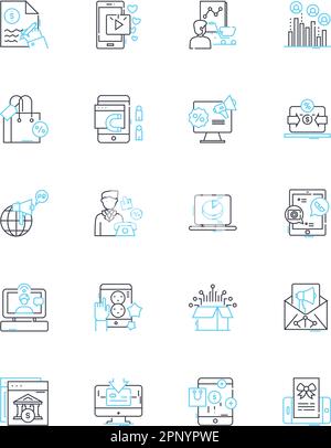 Lineares Symbolset für E-Commerce-Shopping. Einkäufe, Verkäufe, Produkte, Warenkorb, Kasse, Aufträge, Deals, Linienvektor und Konzeptzeichen. Versand, Rücksendungen Stock Vektor