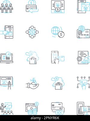 Lineare Symbole für virtuelle Transaktion festgelegt. Kryptowährung, Blockchain, Transaktionen, Digital, Zahlung, Online-, E-Commerce-Linienvektor und Konzeptschilder Stock Vektor