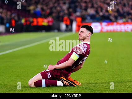 Das Dateifoto von 20-04-2023 von Declan Rice von West Ham United, der glaubt, dass West Ham gerade zur richtigen Zeit seine Form erreicht, um eine unvergessliche Jahreszeit in eine unvergessliche zu verwandeln. Ausgabedatum: Freitag, 21. April 2023. Stockfoto