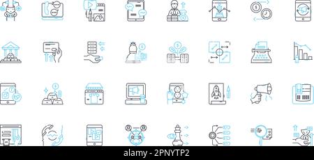 Lineare Symbole für digitale Werbung. Werbung, Marketing, Werbeaktionen, Social Media, Analysen, Inhalt, SEO-Linienvektor und Konzeptzeichen. PPC Stock Vektor