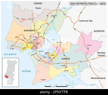 Verwaltungs- und Autobahnkarte im Großraum Lissabon, Portugal Stockfoto
