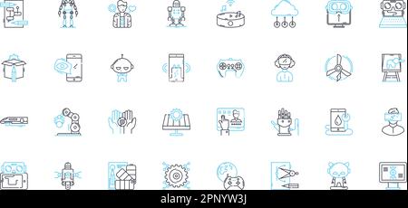 Innovative Technologien linearer Symbolsatz. Automatisierung, Erweitert, virtuell, Nanotechnologie, maschinelles Lernen, Cloud-Computing, Biotechnologie-Linienvektor Stock Vektor