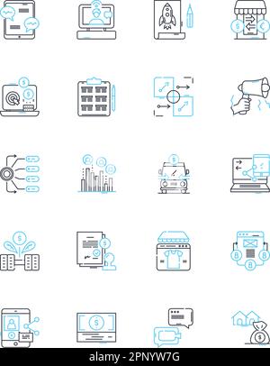 Lineare Symbole für digitale Werbung. Werbung, Marketing, Werbeaktionen, Social Media, Analysen, Inhalt, SEO-Linienvektor und Konzeptzeichen. PPC Stock Vektor