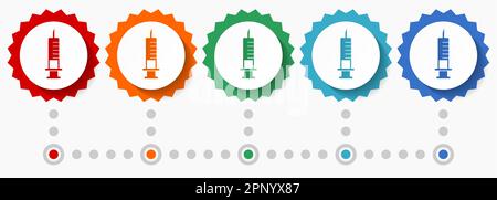 Spritze, Injektionsvektor-Symbolsatz, farbenfrohe Infografik-Vorlage, Satz flacher Badge-Symbole in 5 Farboptionen Stock Vektor