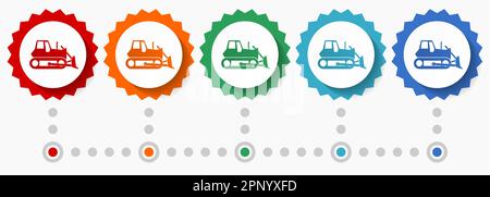 Bulldozer, schwere Maschine, Traktor-Vektor-Symbolsatz, farbenfrohe Infografik-Vorlage, Satz flacher Badge-Symbole in 5 Farboptionen Stock Vektor