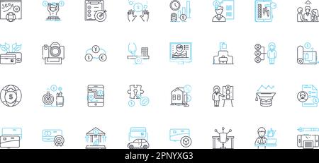 Symbole für lineare Bezüge im Geschäftsjahr festgelegt. Gewinn, Umsatz, Brutto, Netto, Einkommen, Vermögenswerte, Verbindlichkeiten Linienvektor und Konzeptzeichen. Dividende, Zinsen, Rente Stock Vektor