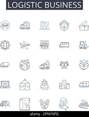 Symbolsammlung für logistische Geschäftsbereiche. Lieferkettenmanagement, Vertriebssystem, Transportdienste, Flottenmanagement, Lagerhaltung Stock Vektor