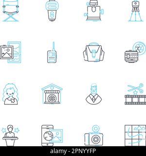 Lineare Symbole für Marketingfotografie gesetzt. Marketing, Fotografie, Branding, Werbung, Werbeaktion, Verkehrszeichen, Vektor- und Konzeptzeichen der Produktlinie Stock Vektor