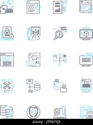 Lineare Symbole für Datensicherheit festgelegt. Verschlüsselung, Cybersicherheit, Datenschutz, Authentifizierung, Compliance, Malware, Passwörter, Linienvektor und Konzeptzeichen Stock Vektor