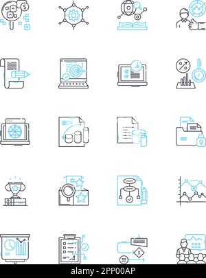 Lineare Symbole für Marktforschung. Analyse, Demografie, Daten, Erkenntnisse, Strategie, Fragebögen, Fokus gruppiert Linienvektor und Konzeptzeichen. Probenahme Stock Vektor