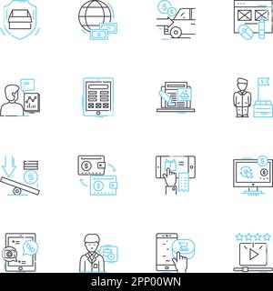 Lineare Symbolgruppe für Marktforschung. Analyse, Forschung, Umfrage, Trends, Verbraucher, Wettbewerb, Ziellinienvektor und Konzeptzeichen. Einblicke Stock Vektor