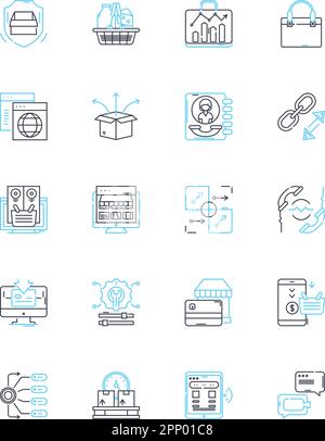 Linearer Symbolsatz für digitale Verkäufe. E-Commerce, Automatisierung, Analysen, Marketing, Software, Strategie, Umwandlungslinienvektor und Konzeptzeichen Stock Vektor