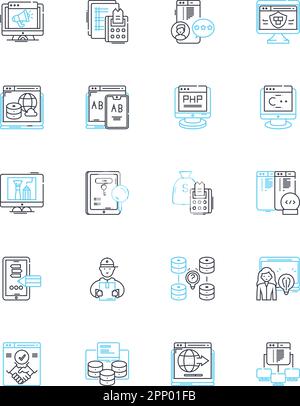 Lineares Symbolset für strategisches Management. Planung, Führung, Implementierung, Innovation, Entscheidungsfindung, Analyse, Sustainability Linienvektor und Stock Vektor