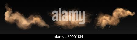 Sandexplosion mit Schmutz- und Rauchvektor. Isolierter Sturmeffekt in der Wüste auf transparentem Hintergrund. Brauner Sandsturm mit Windstruktur. Stock Vektor