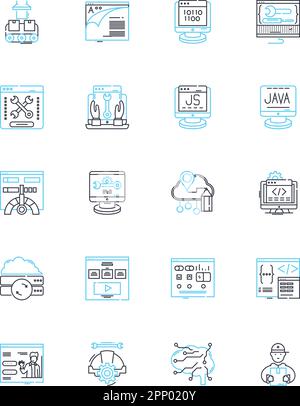 Lineare Symbole für Algorithmuskonstruktion festgelegt. Optimierung, Berechnung, Komplexität, Modellierung, Heuristik, Algorithmen, Datenlinienvektor und Konzeptzeichen Stock Vektor