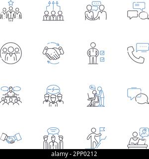Förderung der Sammlung von Symbolen für Sozialversicherungslinien. Advocacy, Assistance, Empowerment, Charity, Compassion, Freiwilligentätigkeit, Unterstützungsvektor und lineare Illustration Stock Vektor