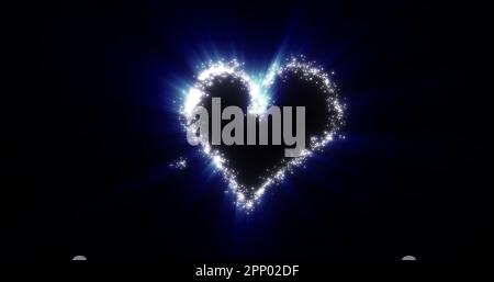 Ein Herz aus einem fliegenden Kometen salutiert die Liebe aus Partikeln und Linien aus leuchtendem Gold auf blauem Hintergrund zum Valentinstag. Abstrakter Bildschirmschoner Stockfoto