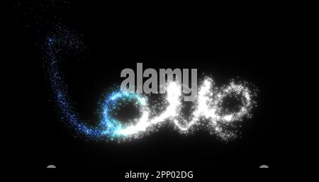 Flying Comet Salute und die Inschrift lieben Partikel und Linien aus leuchtendem Gold auf schwarzem Hintergrund zum Valentinstag. Abstrakter Scree Stockfoto