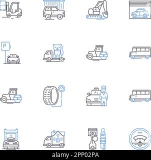 Sammlung von Liniensymbolen. Andocken, Laden, Entladen, Transport, Verstauen, Fracht, Seeverkehr und lineare Darstellung. Kräne, Container Stock Vektor