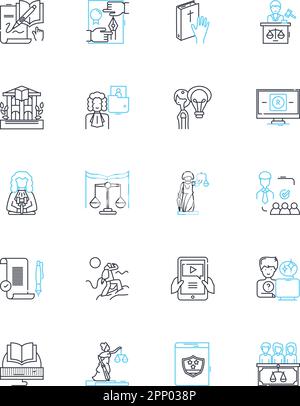 Lineare Symbole für Prozessrechte festgelegt. Anwalt, Recht, Justiz, Rechte, Klage, Rechtsstreit, Verteidigungslinie, Vektor und Konzeptzeichen. Kläger, Angeklagter Stock Vektor