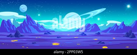 Lila Alien-Planet-Spiel-Hintergrund. Fantasy-Welt-Landschaft mit Berg- und Felsenlandschaft. Goldene Lache und Stein auf dem Boden für Ex Stock Vektor