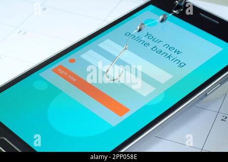 Daten-Phishing, Hook-on-Smartphone-Bildschirm mit fiktionaler Phishing-Website für Online-Banking, selektiver Fokus, kostenloser Kopierbereich Stockfoto