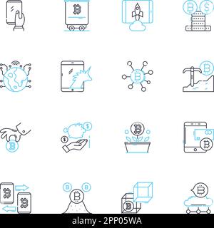 Lineare Symbole für Quantenrechner gesetzt. Quantum, Superposition, Verschlingung, Qubit, Dekoherenz, Interferenz, Glockenlinienvektor und Konzeptzeichen Stock Vektor