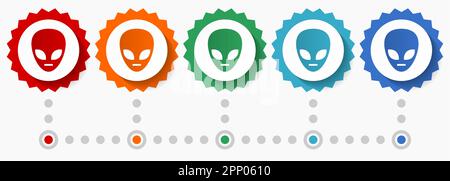 Alien-Gesichtsvektor-Symbolsatz, farbenfrohe Infografik-Vorlage, Satz flacher Badge-Symbole in 5 Farboptionen Stock Vektor