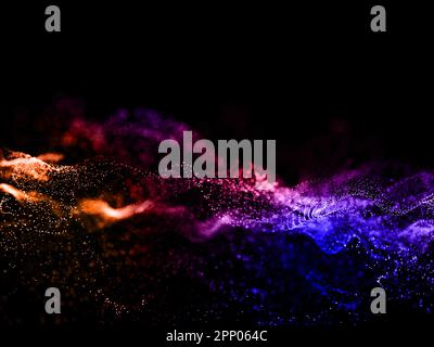 3D-Rendering eines abstrakten Hintergrunds mit fließenden Wellen von Partikeln in Regenbogenfarben Stockfoto