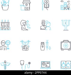 Lineare Symbole im Gesundheitswesen eingestellt. Prävention, Medizin, Wellness, Behandlung, Gesundheit, Ernährung, Linienvektor und Konzeptzeichen. Therapie, Chirurgie Stock Vektor