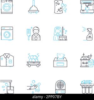Lineare Symbole für Hausreinigung eingestellt. Fegen, Schrubben, Staub, Polieren, Vakuum, Wischmopp, Taufe-Line-Vektor und Konzeptschilder. Umriss organisieren, löschen, desinfizieren Stock Vektor