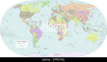 Hohe Details politische Weltkarte natürliche Erde 2 Projektion Stock Vektor
