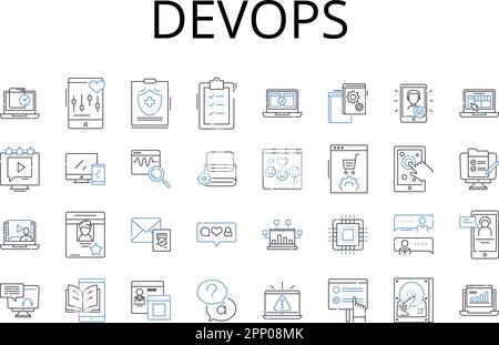 DevOps Line Icons Kollektion. Agile Entwicklung, Cloud-Computing, Digitale Transformation, kontinuierliches Lernen, Geschäftsanalysen, Maschinelles Lernen Stock Vektor