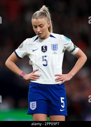 Aktenfoto von 06-04-2023 von Englands Leah Williamson erlitt eine gerissene vordere Kreuzbandverletzung, während sie für Arsenal spielte am Mittwoch hat ihr Club angekündigt. Ausgabedatum: Freitag, 21. April 2023. Stockfoto