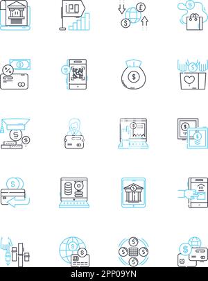 Lineare Symbole für Steuerzuständigkeit festgelegt. Budgetierung, Planung, Disziplin, Verantwortlichkeit, Kontrolle, Sparen und investieren von Linienvektoren und Konzeptzeichen Stock Vektor