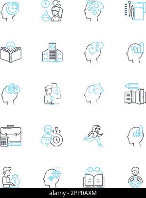 Futuristische Gemeinschaften Lineare Symbole gesetzt. Utopie, Cyberpunk, Dystopie, Nachhaltigkeit, Fortschritt, Innovation, künstliche Intelligenz Linienvektor und Stock Vektor