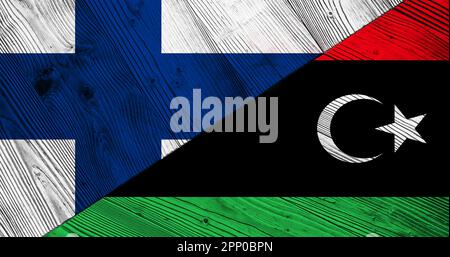 Hintergrund mit finnischer und libyscher Flagge auf gespaltenen Holzbrettern. 3D Abbildung Stockfoto
