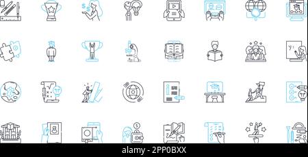 Lineares Symbolset für digitales Lernen. E-Learning, Gamification, virtuell, interaktiv, mobil, Kollaborative, adaptive Linienvektor- und Konzeptzeichen Stock Vektor
