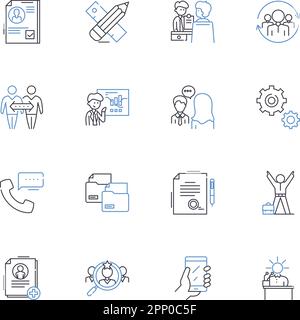 Desk stellt Zeilensymbole bereit. Stift, Papier, Hefter, Textmarker, Lineal, Schere, Bandvektor und lineare Darstellung. Bleistift, Radierer, Notizbuch Stock Vektor