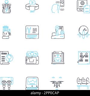 Lineare Symbole für digitale Fertigung festgelegt. Additive Fertigung, Robotik, Laserschneiden, D-Scanning, Materialwissenschaft, Rapid Prototyping, CNC-Linie Stock Vektor