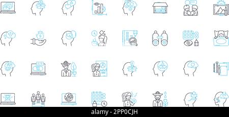 Futuristische Gemeinschaften Lineare Symbole gesetzt. Utopie, Cyberpunk, Dystopie, Nachhaltigkeit, Fortschritt, Innovation, künstliche Intelligenz Linienvektor und Stock Vektor