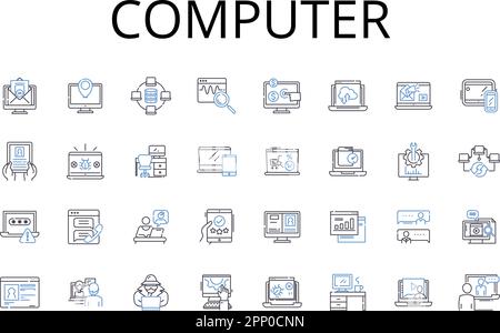 Symbolsammlung für Computerzeilen. Laptop, Desktop, Computer, Workstation, Prozessor, System, Gerätevektor und lineare Darstellung. Technologie, PC, Server Stock Vektor