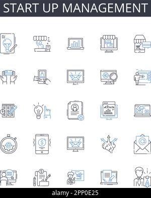 Starten Sie die Symbolsammlung der Verwaltungslinie. Geschäftsführung, Unternehmensführung, Unternehmensaufsicht, Unternehmensleitung, Betriebsmanagement Stock Vektor